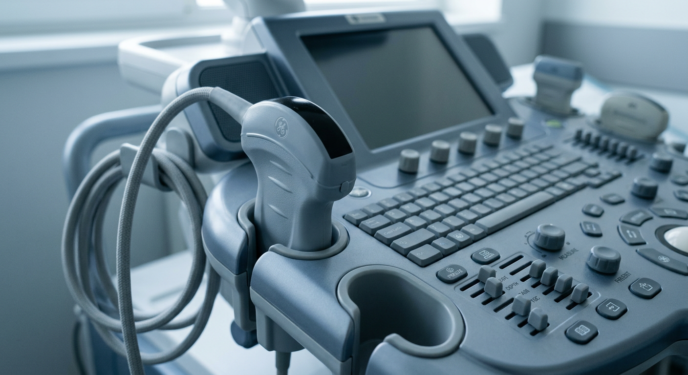Ultrasound transducer probe resting beside an ultrasound machine